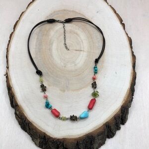 Artisan colorful gemstone leather necklace sterling silver clasp 925.